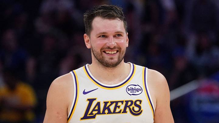 Feb 28, 2026; San Francisco, California, USA;  Los Angeles Lakers forward/guard Luka Doncic (77) smiles during a break in the action against the Golden State Warriors in the third period at Chase Center. Mandatory Credit: David Gonzales-Imagn Images