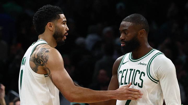 Mar 25, 2026; Boston, Massachusetts, USA; Boston Celtics guard Jaylen Brown (7) and forward Jayson Tatum (0) congratulate each other in the final seconds of the fourth quarter of their win over the Oklahoma City Thunder at TD Garden. Mandatory Credit: Winslow Townson-Imagn Images Mar 25, 2026; Boston, Massachusetts, USA; Boston Celtics guard Jaylen Brown (7) and forward Jayson Tatum (0) congratulate each other in the final seconds of the fourth quarter of their win over the Oklahoma City Thunder at TD Garden. Mandatory Credit: Winslow Townson-Imagn Images