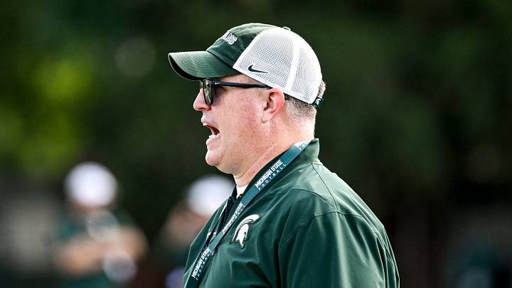Michigan State head coach Pat Fitzgerald calls out to players during football practice on Monday, Aug. 17, 2026, in East Lansing.