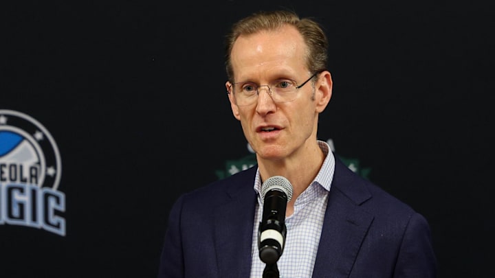Apr 11, 2023; Orlando, Florida, USA;  Orlando Magic president of basketball operations Jeff Weltman speaks during a press conference for the new Orlando Magic G-League stadium at Osceola Heritage Park. Mandatory Credit: Nathan Ray Seebeck-Imagn Images