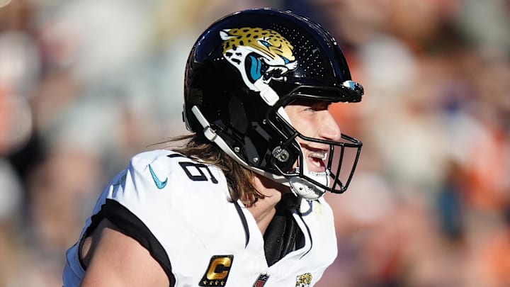 Dec 21, 2025; Denver, Colorado, USA; Jacksonville Jaguars quarterback Trevor Lawrence (16) during the first half at Empower Field at Mile High. Mandatory Credit: Ron Chenoy-Imagn Images