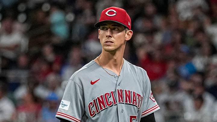 Sep 22, 2026; Cumberland, Georgia, USA; Cincinnati Reds pitcher Brandon Williamson (55) leavers the field after retiring the side against the Atlanta Braves during the sixth inning at Truist Park. Mandatory Credit: Dale Zanine-Imagn Images