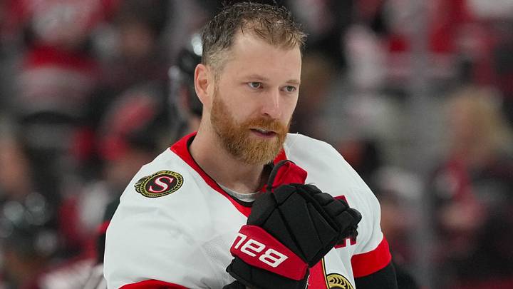 Apr 20, 2026; Raleigh, North Carolina, USA; Ottawa Senators right wing Claude Giroux (28) looks on during the  warmups before the game against the Carolina Hurricanes  in game two of the first round of the 2026 Stanley Cup Playoffs at Lenovo Center. Mandatory Credit: James Guillory-Imagn Images