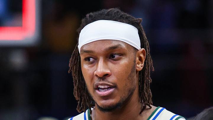 Milwaukee Bucks center Myles Turner (3) talks to the media after a victory against the Atlanta Hawks at State Farm Arena on Jan 19, 2026.