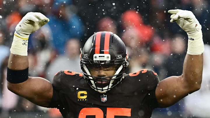 Cleveland Browns defensive end Myles Garrett riles up the crowd against the Tennessee Titans.