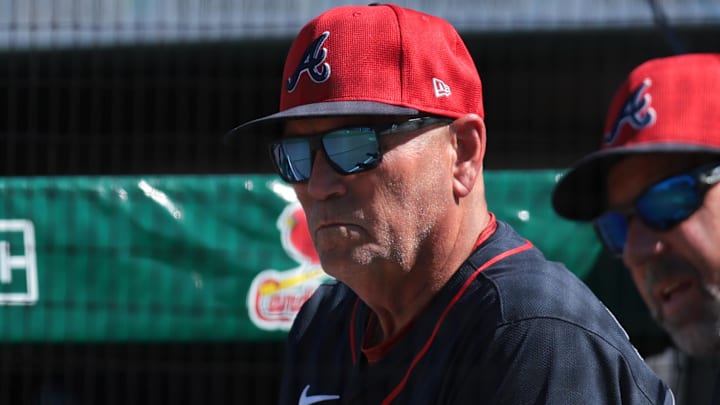 Atlanta Braves manager Brian Snitker (43) watches the game against the Miami Marlins during the fifth inning at Roger Dean Chevrolet Stadium.