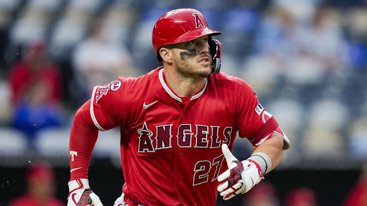 Apr 26, 2026; Kansas City, Missouri, USA; Los Angeles Angels right fielder Mike Trout (27) runs toward first base during the fourth inning against the Kansas City Royals at Kauffman Stadium. Mandatory Credit: Jay Biggerstaff-Imagn Images