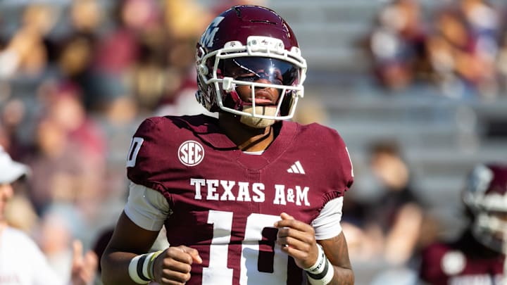 Texas A&M Aggies quarterback Marcel Reed (10) before a game against the Samford Bulldogs at Kyle Field.