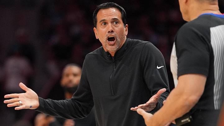 Miami Heat Head Coach Erik Spoelstra reacts (Mandatory Credit: Jim Dedmon-Imagn Images)