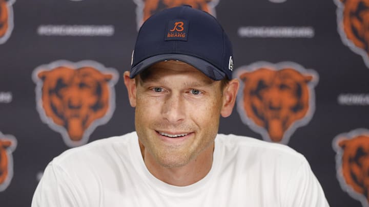 Aug 8, 2025; Lake Forest, IL, USA; Chicago Bears head coach Ben Johnson speaks before joint training camp practice with the Miami Dolphins ahead of Sunday's preseason opener. Mandatory Credit: Kamil Krzaczynski-Imagn Images