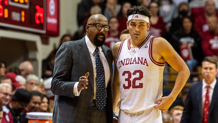 Indiana coach Mike Woodson talks with Trey Galloway (32) against South Carolina at Simon Skjodt Assembly Hall.