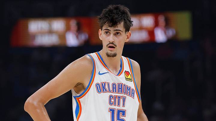 Oct 7, 2026; Oklahoma City, Oklahoma, USA; Oklahoma City Thunder center Aday Mara (15) walks down the court against the Milwaukee Bucks during the first half of a preseason game at Paycom Center. Mandatory Credit: Alonzo Adams-Imagn Images