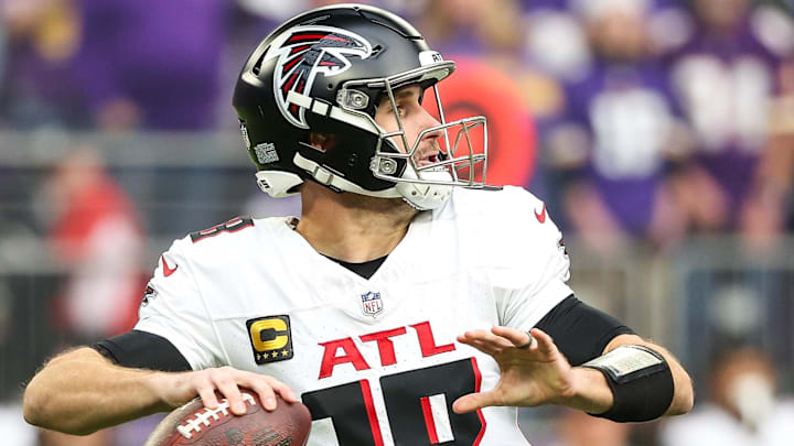 Dec 8, 2024; Minneapolis, Minnesota, USA; Atlanta Falcons quarterback Kirk Cousins (18) throws the ball against the Minnesota Vikings during the first quarter at U.S. Bank Stadium. Mandatory Credit: Matt Krohn-Imagn Images Dec 8, 2024; Minneapolis, Minnesota, USA; Atlanta Falcons quarterback Kirk Cousins (18) throws the ball against the Minnesota Vikings during the first quarter at U.S. Bank Stadium. Mandatory Credit: Matt Krohn-Imagn Images