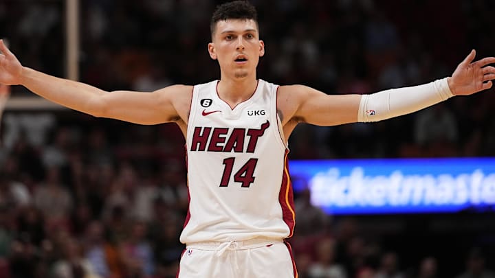 Miami Heat guard Tyler Herro (14) reacts (Mandatory Credit: Jasen Vinlove-Imagn Images)