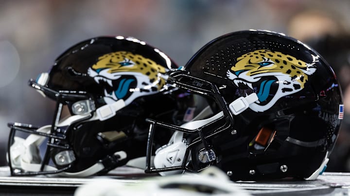 Nov 23, 2025; Glendale, Arizona, USA; Detailed view of a Jacksonville Jaguars helmet at State Farm Stadium. Mandatory Credit: Mark J. Rebilas-Imagn Images Nov 23, 2025; Glendale, Arizona, USA; Detailed view of a Jacksonville Jaguars helmet at State Farm Stadium. Mandatory Credit: Mark J. Rebilas-Imagn Images