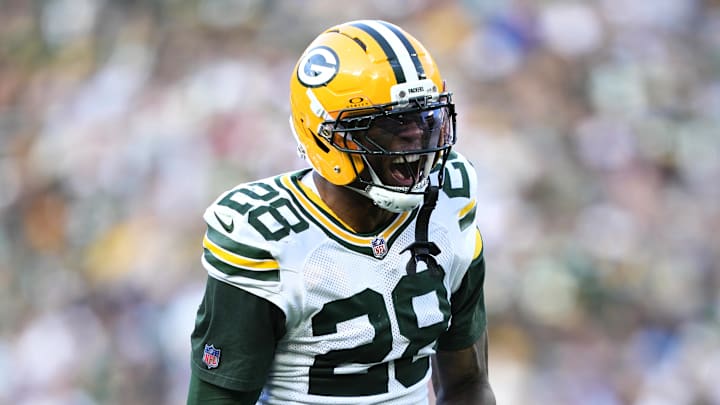 Aug 23, 2025; Green Bay, Wisconsin, USA; Green Bay Packers linebacker Isaiah Simmons (28) reacts to tackling Seattle Seahawks running back Jacardia Wright (31) during the second half at Lambeau Field. Mandatory Credit: Kayla Wolf-Imagn Images Aug 23, 2025; Green Bay, Wisconsin, USA; Green Bay Packers linebacker Isaiah Simmons (28) reacts to tackling Seattle Seahawks running back Jacardia Wright (31) during the second half at Lambeau Field. Mandatory Credit: Kayla Wolf-Imagn Images