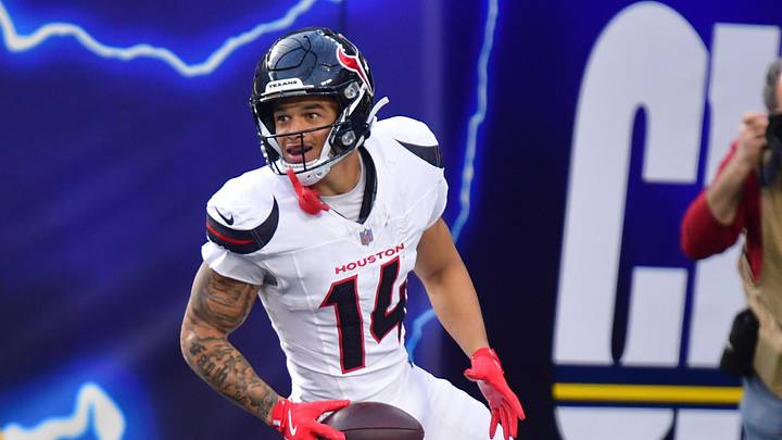 Dec 27, 2025; Inglewood, California, USA;  Houston Texans wide receiver Jaylin Noel (14) reacts after catching a touchdown against the Los Angeles Chargers during the first half at SoFi Stadium. Mandatory Credit: Gary A. Vasquez-Imagn Images