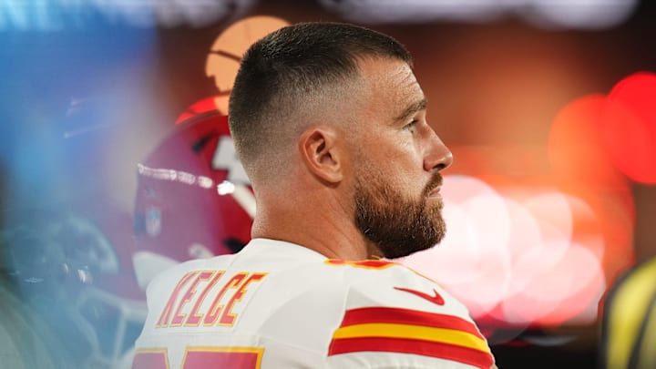 Kansas City Chiefs tight end Travis Kelce (87) stands on the sidelines during their preseason game against the Arizona Cardinals at State Farm Stadium on Aug. 9, 2025. Kansas City Chiefs tight end Travis Kelce (87) stands on the sidelines during their preseason game against the Arizona Cardinals at State Farm Stadium on Aug. 9, 2025.