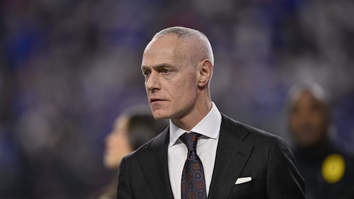 Dec 6, 2025; Arlington, TX, USA; Big 12 commissioner Brett Yormark looks on during the game between the Red Raiders and the Cougars at AT&T Stadium. 