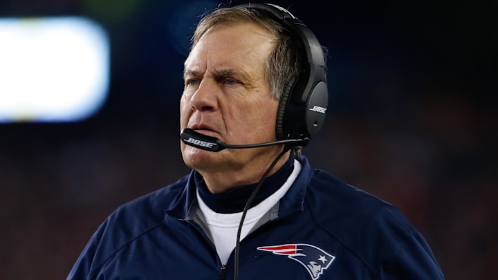Jan 16, 2016; Foxborough, MA, USA; New England Patriots head coach Bill Belichick on the sideline as they take on the Kansas City Chiefs during the second half in a AFC Divisional round playoff game at Gillette Stadium. Mandatory Credit: David Butler II-Imagn Images