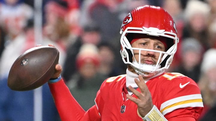 Dec 7, 2025; Kansas City, Missouri, USA; Kansas City Chiefs quarterback Patrick Mahomes (15) throws a pass during the second quarter against the Houston Texans at GEHA Field at Arrowhead Stadium. Mandatory Credit: Amy Kontras-Imagn Images