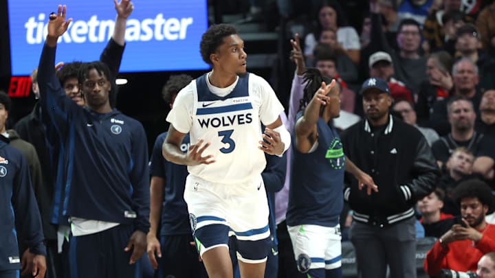 Oct 22, 2025; Portland, Oregon, USA; Minnesota Timberwolves forward Jaden McDaniels (3) reacts after scoring a three-point shot against the Portland Trail Blazers  in the second half at Moda Center. Mandatory Credit: Jaime Valdez-Imagn Images Oct 22, 2025; Portland, Oregon, USA; Minnesota Timberwolves forward Jaden McDaniels (3) reacts after scoring a three-point shot against the Portland Trail Blazers  in the second half at Moda Center. Mandatory Credit: Jaime Valdez-Imagn Images