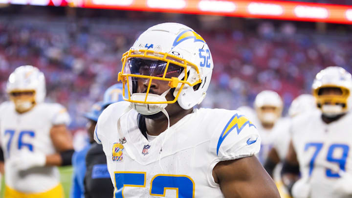 Oct 21, 2024; Glendale, Arizona, USA; Los Angeles Chargers linebacker Khalil Mack (52) against the Arizona Cardinals at State Farm Stadium. Mandatory Credit: Mark J. Rebilas-Imagn Images