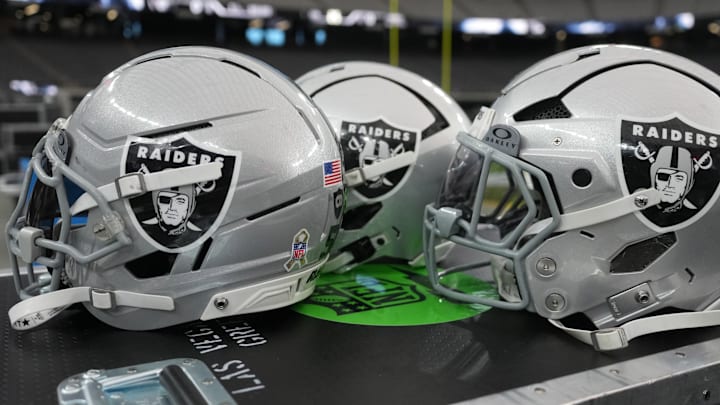Nov 23, 2025; Paradise, Nevada, USA; Las Vegas Raiders helmets on the sidelines at Allegiant Stadium. Mandatory Credit: Kirby Lee-Imagn Images