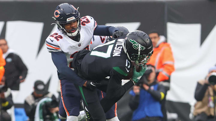 Former Bears DB Kindle Vildor tackles Jets receiver Garrett Wilson in a 2022 game in New Jersey. Former Bears DB Kindle Vildor tackles Jets receiver Garrett Wilson in a 2022 game in New Jersey.