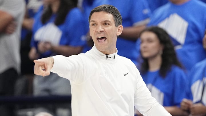 Jun 22, 2025; Oklahoma City, Oklahoma, USA; Oklahoma City Thunder head coach Mark Daigneault directs players against the Indiana Pacers during the second half of game seven of the 2025 NBA Finals at Paycom Center. Mandatory Credit: Kyle Terada-Imagn Images