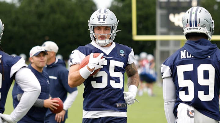 Dallas Cowboys linebacker Justin Barron goes through a drill during practice at the Ford Center at the Star Training Facility 