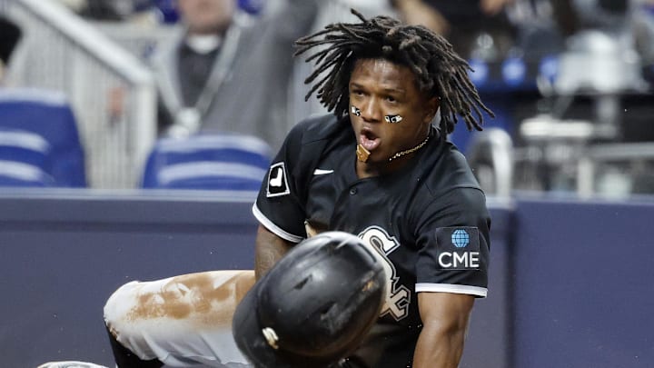 Mar 30, 2026; Miami, Florida, USA; Chicago White Sox second baseman Luisangel Acuna (0) reacts after scoring under the tag of Miami Marlins catcher Liam Hicks (not pictured) during the sixth inning at loanDepot Park. Mandatory Credit: Rhona Wise-Imagn Images Mar 30, 2026; Miami, Florida, USA; Chicago White Sox second baseman Luisangel Acuna (0) reacts after scoring under the tag of Miami Marlins catcher Liam Hicks (not pictured) during the sixth inning at loanDepot Park. Mandatory Credit: Rhona Wise-Imagn Images