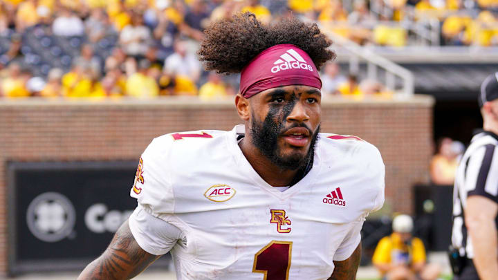 Sep 14, 2024; Columbia, Missouri, USA; Boston College Eagles quarterback Thomas Castellanos (1) returns to the sidelines after a score against the Missouri Tigers during the first half at Faurot Field at Memorial Stadium. Mandatory Credit: Denny Medley-Imagn Images
