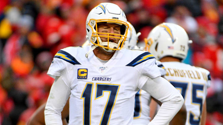 Dec 29, 2019; Kansas City, Missouri, USA; Los Angeles Chargers quarterback Philip Rivers (17) reacts after a dropped pass during the second half against the Kansas City Chiefs at Arrowhead Stadium. Mandatory Credit: Denny Medley-Imagn Images
