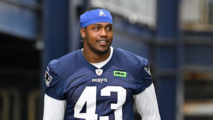 Jun 9, 2025; Foxborough, MA, USA; New England Patriots defensive end Bradyn Swinson (43) walks to the practice fields at Gillette Stadium. Mandatory Credit: Eric Canha-Imagn Images