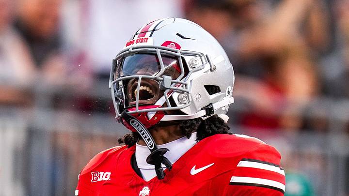 Ohio State Buckeyes wide receiver Jeremiah Smith (4) reacts after catching a pass in the first half at the Ohio Stadium on Saturday, Sept. 13, 2025 in Columbus, Ohio.