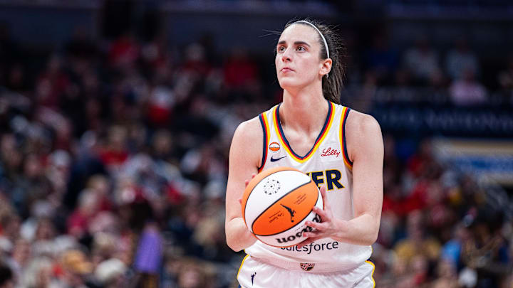 Apr 30, 2026; Indianapolis, IN, USA; Indiana Fever guard Caitlin Clark (22)  shoots the ball  in the second half against the Dallas Wings at the Gainbridge Fieldhouse. Mandatory Credit: Trevor Ruszkowski-Imagn Images