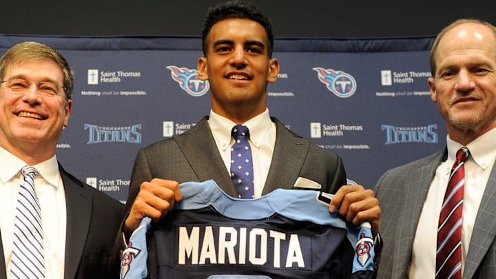 There was plenty to smile about for Titans general manager Ruston Webster, left, Marcus Mariota and coach Ken Whisenhunt when the team selected the Oregon quarterback with the No. 2 pick in the 2015 NFL Draft.