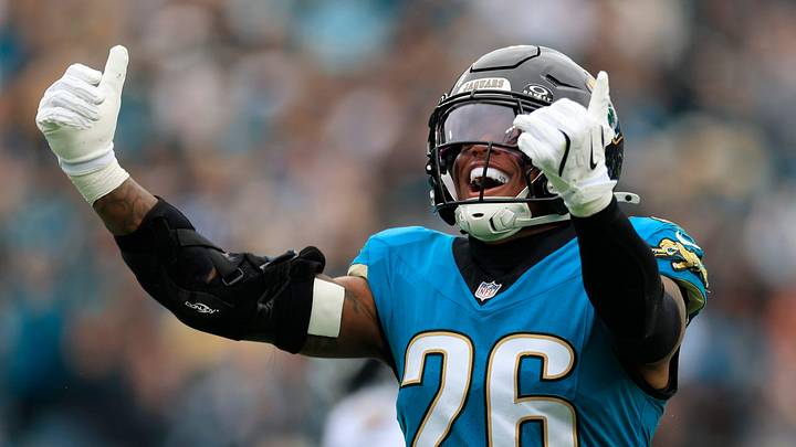 Jacksonville Jaguars safety Antonio Johnson (26) reacts to his tackle during the first quarter of an NFL football matchup at EverBank Stadium, Sunday, Jan. 4, 2026, in Jacksonville, Fla. The Jaguars defeated the Titans 41-7, capturing the AFC South title. [Corey Perrine/Florida Times-Union]