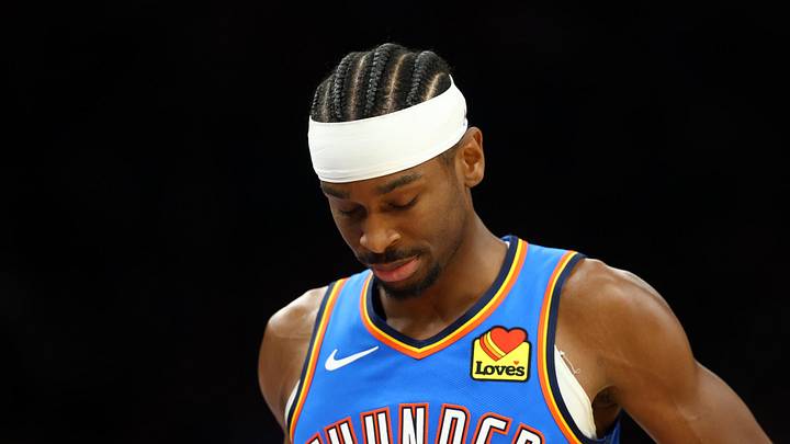 Apr 27, 2026; Phoenix, Arizona, USA; Oklahoma City Thunder guard Shai Gilgeous-Alexander (2) reacts against the Phoenix Suns during game four of the first round of the 2026 NBA Playoffs at Mortgage Matchup Center. Mandatory Credit: Mark J. Rebilas-Imagn Images Apr 27, 2026; Phoenix, Arizona, USA; Oklahoma City Thunder guard Shai Gilgeous-Alexander (2) reacts against the Phoenix Suns during game four of the first round of the 2026 NBA Playoffs at Mortgage Matchup Center. Mandatory Credit: Mark J. Rebilas-Imagn Images