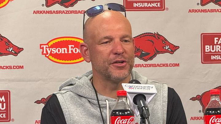 Arkansas Razorbacks special teams coach Chad Lunsford speaks with the media after day three of fall camp on Friday, Aug. 7 2026.