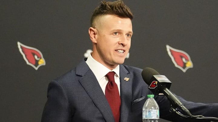 Arizona Cardinals new head coach Mike LaFleur at a news conference on Feb. 3, 2026, at Arizona Cardinals training center in Tempe.