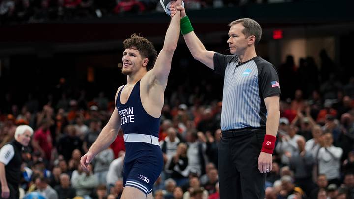 Mar 21, 2026; Cleveland, OH, USA;  Penn State Nittany Lions Levi Haines reacts to defeating Nebraska Cornhuskers Christopher Minto during the NCAA DI Wrestling Championship at Rocket Arena. Mandatory Credit: Aaron Doster-Imagn Images