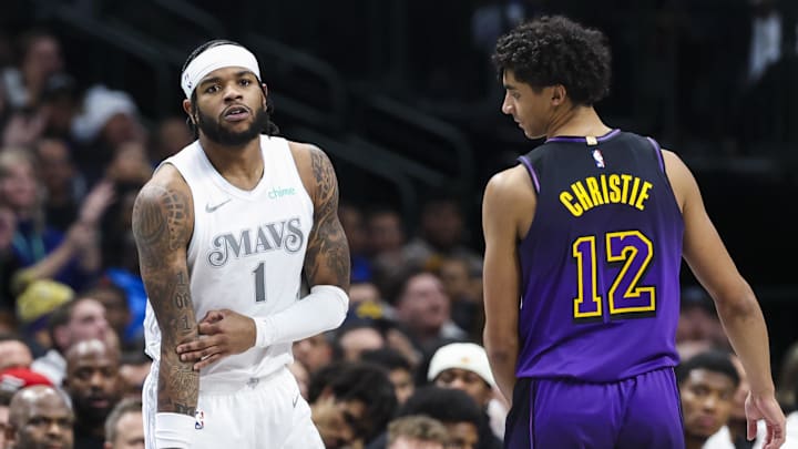 Jan 7, 2025; Dallas, Texas, USA; Dallas Mavericks guard Jaden Hardy (1) reacts in front of Los Angeles Lakers guard Max Christie (12) after scoring during the second half at American Airlines Center. Mandatory Credit: Kevin Jairaj-Imagn Images Jan 7, 2025; Dallas, Texas, USA; Dallas Mavericks guard Jaden Hardy (1) reacts in front of Los Angeles Lakers guard Max Christie (12) after scoring during the second half at American Airlines Center. Mandatory Credit: Kevin Jairaj-Imagn Images