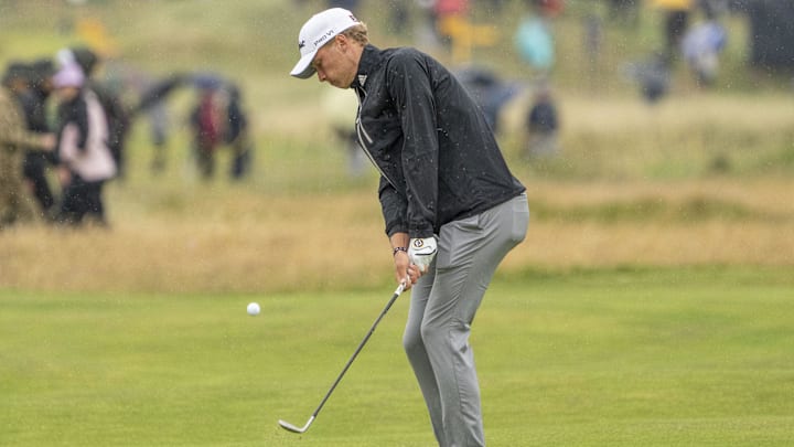 July 18, 2023; Hoylake, ENGLAND, GBR; Tiger Christensen hits his fairway shot on the 15th hole during a practice round of The Open Championship golf tournament at Royal Liverpool