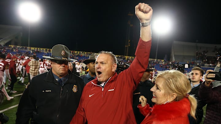 Dec 27, 2024; Memphis, TN, USA; Arkansas Razorbacks head coach Sam Pittman reacts after defeating the Texas Tech Red Raiders at Simmons Bank Liberty Stadium. Mandatory Credit: Petre Thomas-Imagn Images