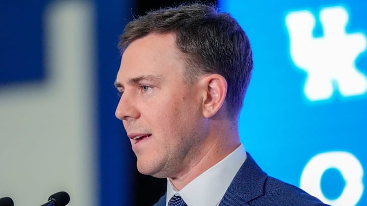 New Kentucky Wildcat head coach Will Stein makes remarks as he is introduced at Kentucky on Wednesday, December 3, 2025