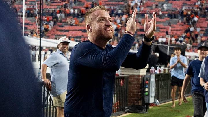 Auburn Tigers head coach Alex Golesh celebrates with fans as Auburn Tigers take on Vanderbilt Commodores at Jordan-Hare Stadium in Auburn, Ala. on Saturday, Sept. 26, 2026. Auburn Tigers defeated Vanderbilt Commodores 21-15.