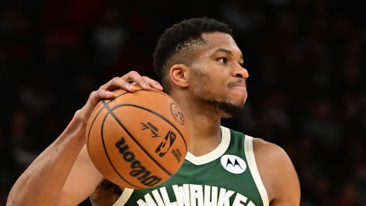 Milwaukee Bucks forward Giannis Antetokounmpo (34) reacts in the third quarter against the Chicago Bulls at Fiserv Forum on November 20, 2024.