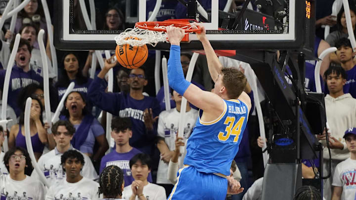 Mar 3, 2025; Evanston, Illinois, USA; UCLA Bruins forward Tyler Bilodeau (34) dunks the ball against the Northwestern Wildcats during the second half at Welsh-Ryan Arena. Mandatory Credit: David Banks-Imagn Images Mar 3, 2025; Evanston, Illinois, USA; UCLA Bruins forward Tyler Bilodeau (34) dunks the ball against the Northwestern Wildcats during the second half at Welsh-Ryan Arena. Mandatory Credit: David Banks-Imagn Images